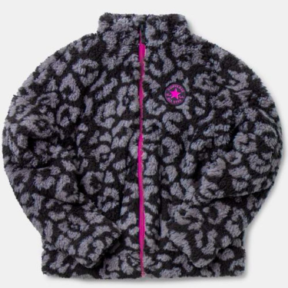 Converse Kids Fuzzy Jacket - Black and Gray with Pink Accents